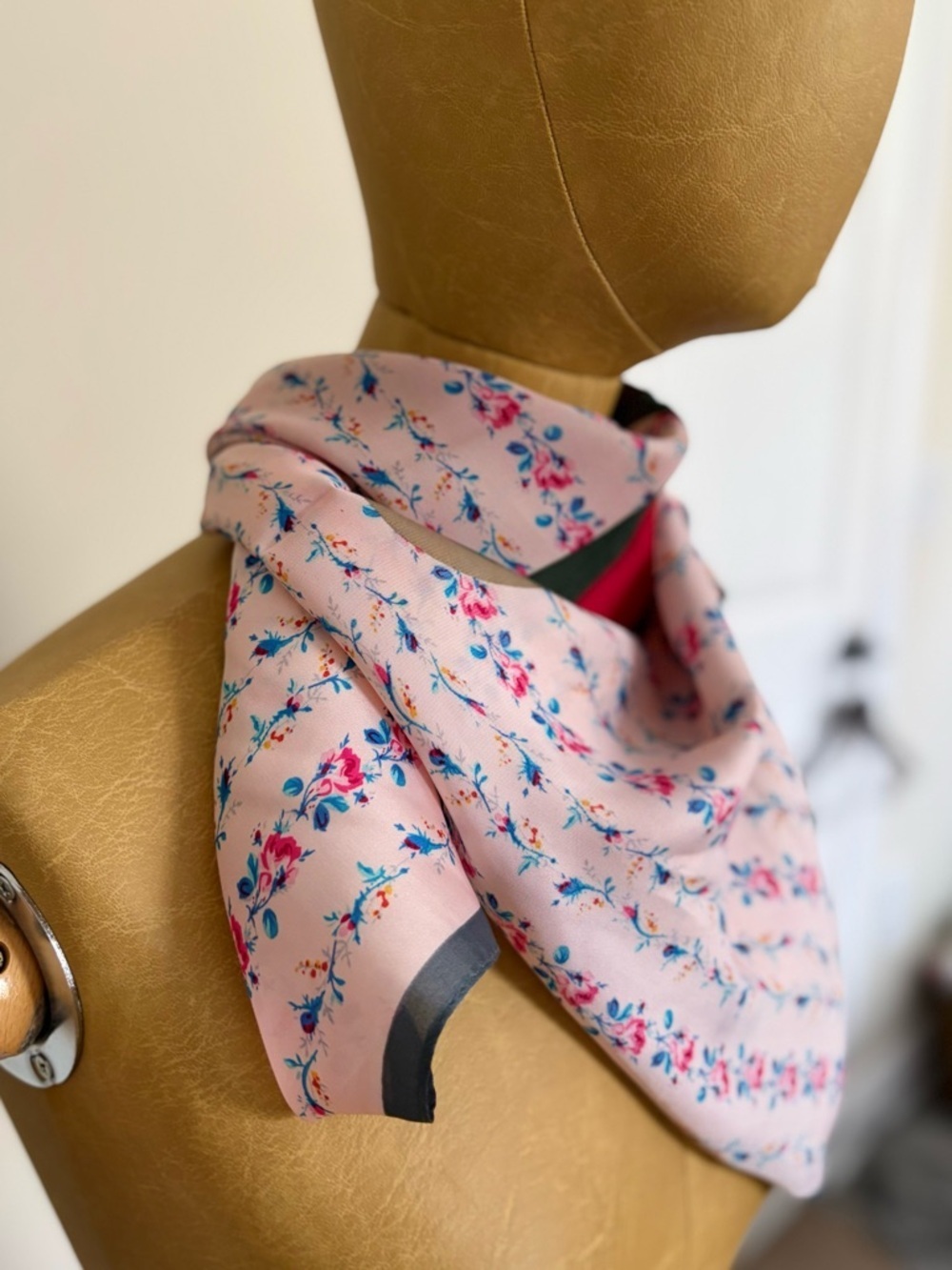 Floral Pink Silk Scarf with Green & Red Accent - Picture 2 of 8